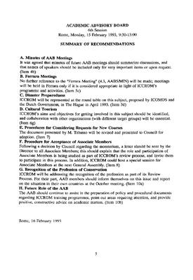 Academic Advisory Board. 6th Session. Summary of Recommendations, 1993/02
