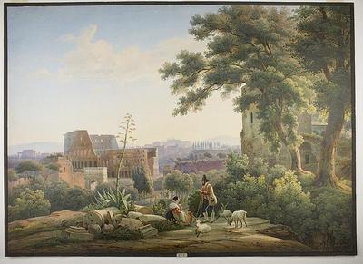 View over Rome from the Palatine Hill next to the Ruins of the Imperial Building Complex, by Salomon Corrodi (after 1832) (http://thorvaldsensmuseum.dk/en/collections/work/D660/zoom, public domain)