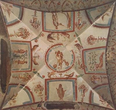 Mural painting on the ceiling of the Spelunca Magna at Catacombs of Praetextatus (photo courtesy of https://digi.ub.uni-heidelberg.de/diglit/wilpert1903, public domain)