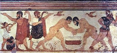 Funerary rites depicted in a mural painting from the Tomb of the Augurs (https://en.m.wikipedia.org/wiki/File:Tomb_of_the_augurs.jpg, public domain)