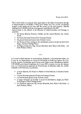 Appreciation by C78 to Italian Government concerning the new premises, 2010/11