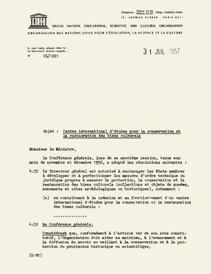 Carta del Director General de la UNESCO, Luther Evans, a los Estados Miembros, 1957